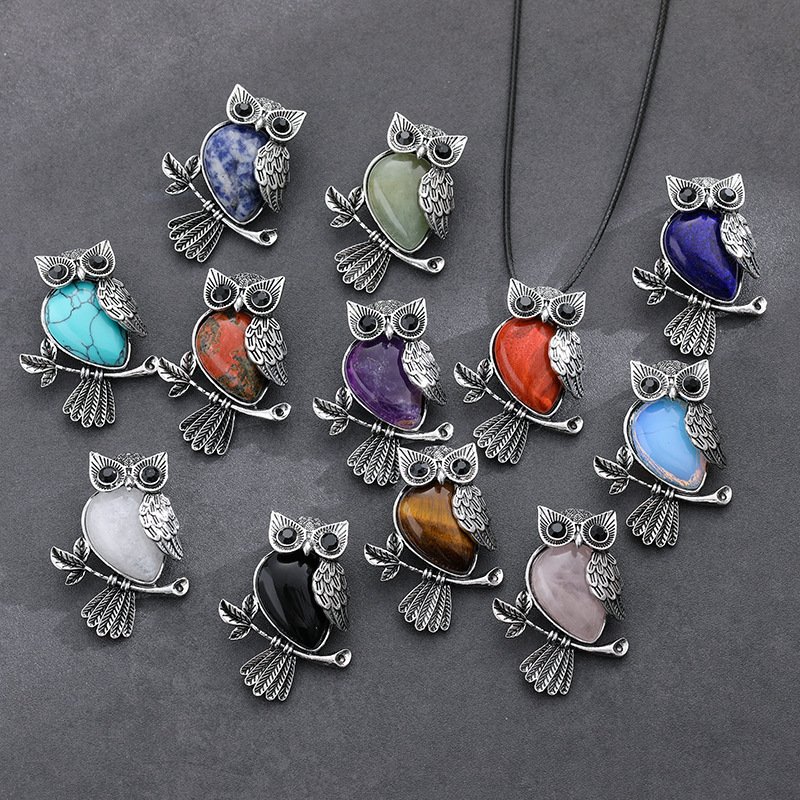 Pandantiv cu cristale din piatră naturală, pandantiv cu bufniță, accesorii din aliaj, colier
