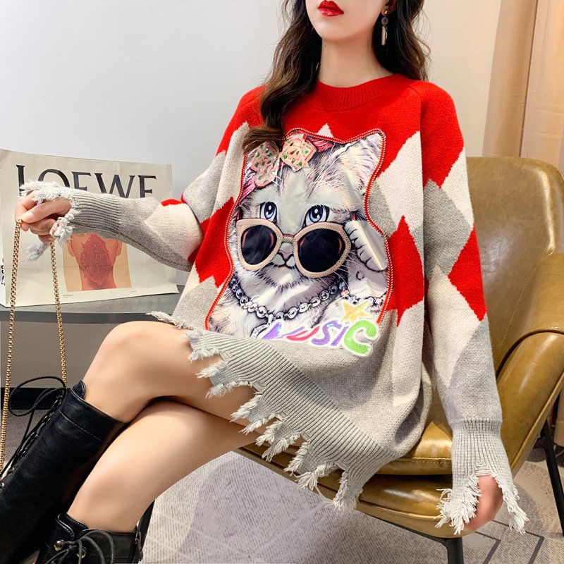 Pulover cu paiete pisica