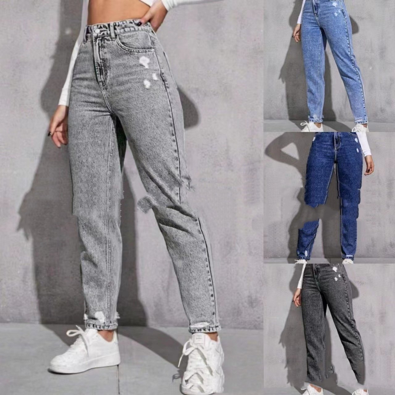 Blugi spălați, rupți, casual, pentru femei europene și americane, cu gambă în nouă părți