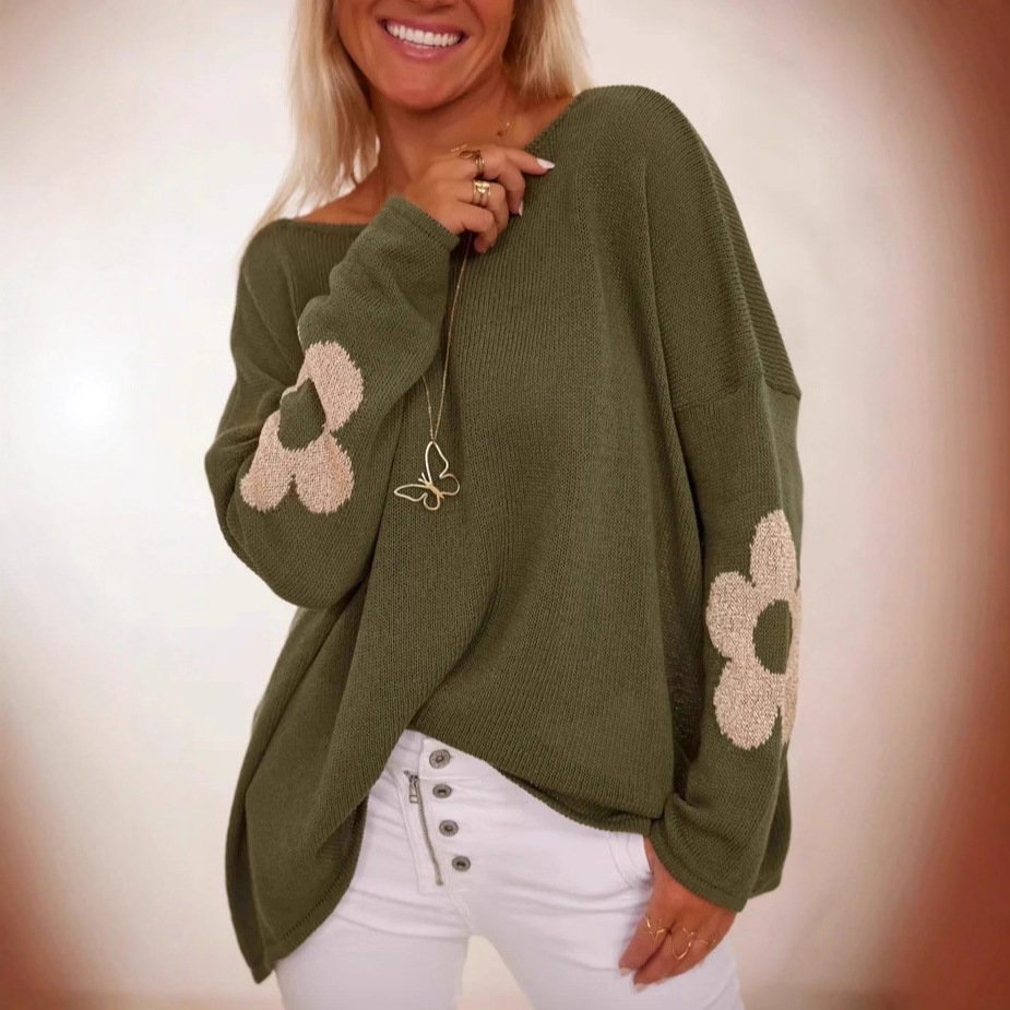 Pulover elegant cu guler rotund, tricotat jacquard, cu motive florale elegante